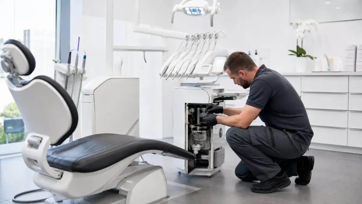 Technicien intervenant sur l’unité de soins d’un fauteuil dentaire